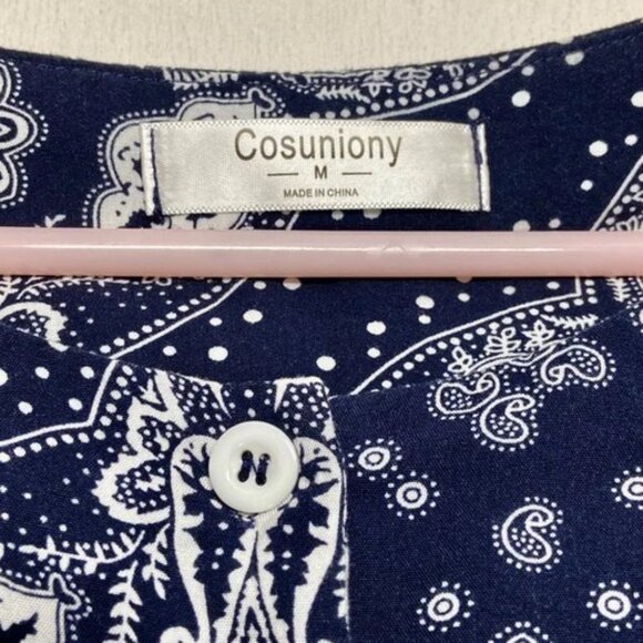 Cosuniony House Dress Women's Medium Navy Bandana Duster MuMu Button Down Robe - Picture 9 of 10